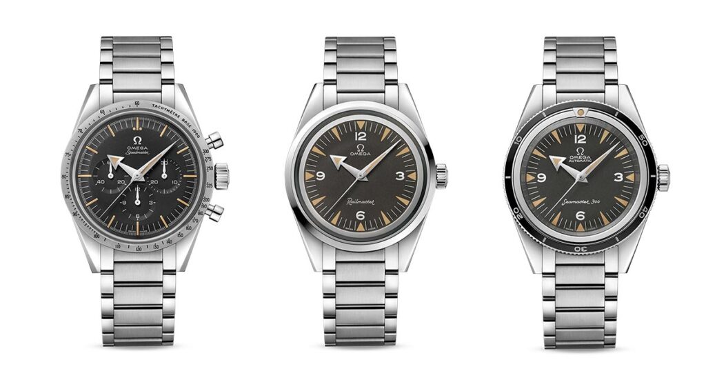 Dem Markteinführungsjahr der Speedmaster gewidmet: Omega 1957 Trilogy limited Editions (Speedmaster, Railmaster, Seemaster).