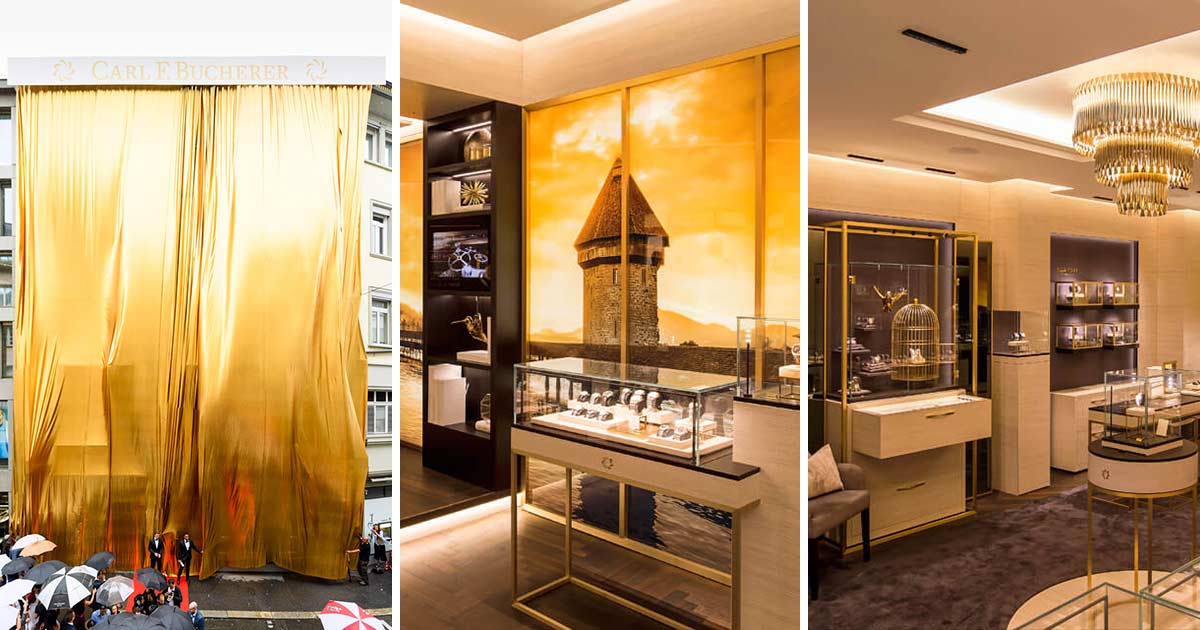 Der goldene Vorhang (l.), mit dem die Boutique verhüllt war, ließ Platz für Spekulationen rund um die neue Boutique. Als sie enthüllt wurde zeigte sich, dass sich die Goldfarbe auch im Inneren widerspiegelt.