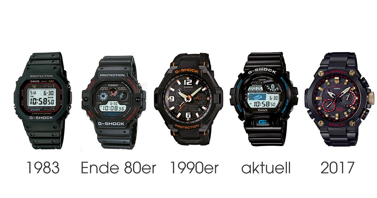 Die Evolution der G-Shock. Von 1983 bis heute hat sich die Grundkompetenz – toughe Uhren – nicht geändert.