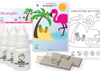 Super-Sommer-Aktion: Teilnehmende Fachgeschäfte erhalten vom 18. Juni bis 9. September 2018 ein attraktives Gratis-Paket mit Ohrlochkosmetikum und sommerlichen Verkaufsförderungsmaterialien mit Flamingo-Motiv.