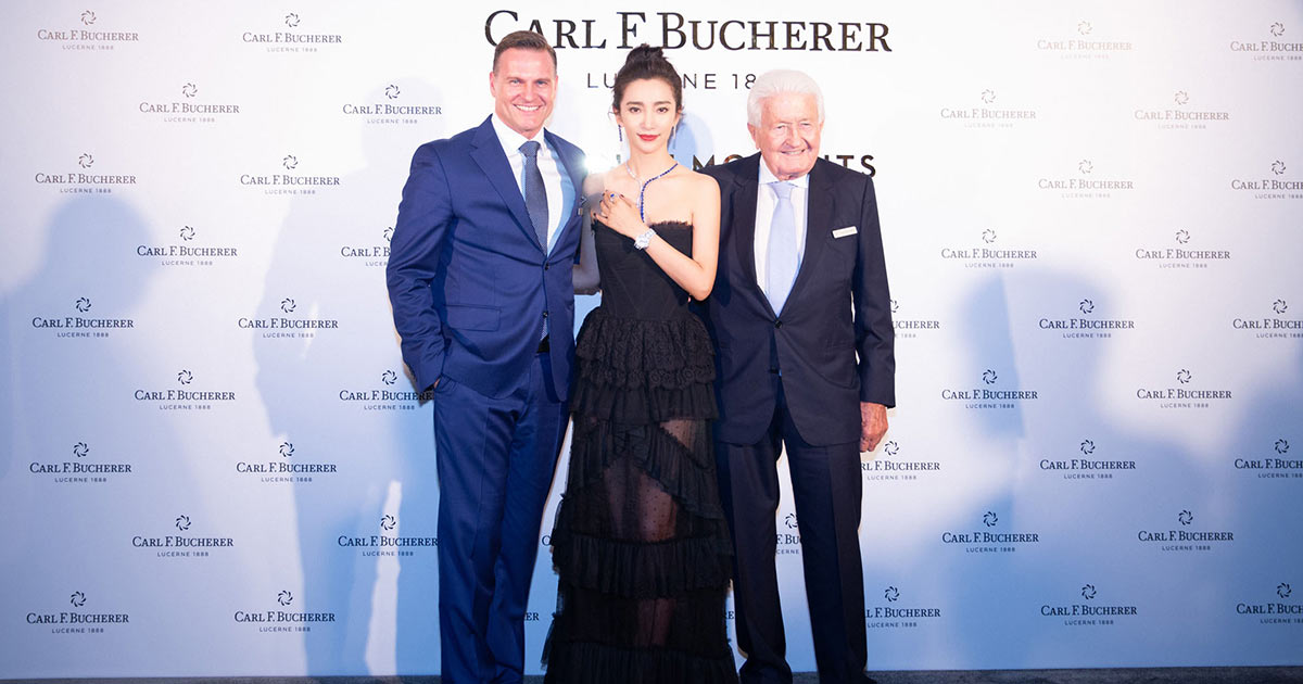 Verwaltungsratspräsident Jörg G. Bucherer, CEO Sascha Moeri sowie die chinesische Schauspielerin und Markenbotschafterin Li Bingbing.