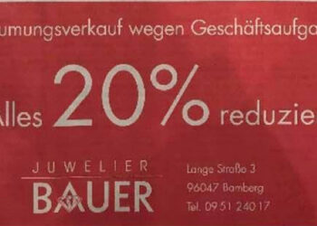 Wegen Geschäftsaufgabe wurde das gesamte Sortiment von Juwelier Bauer 20 % reduziert.