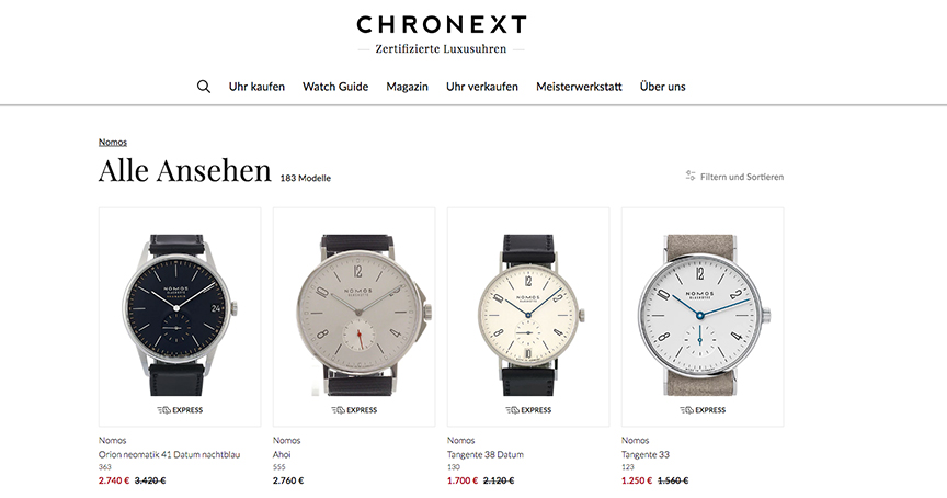 Vergleichsweise sauber: Derzeit gibt es bei Chronext „nur“ 183 Nomos-Uhren zu kaufen. Offenbar wurde die direkte Belieferung von Neuuhren eingestellt.