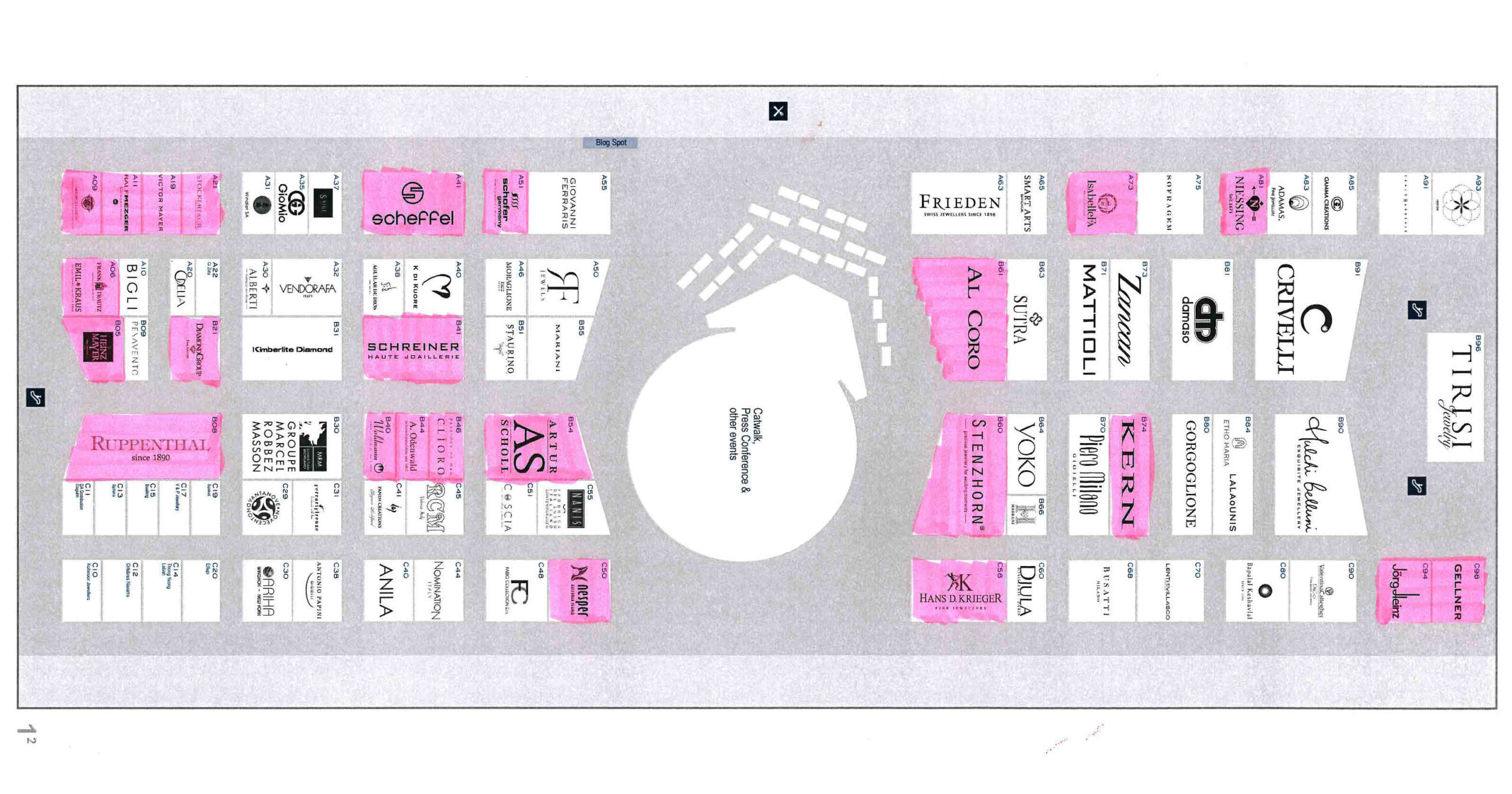 Erstaunlich viele deutsche Aussteller sind in der Schmuckhalle 1.2 der Baselworld zu finden, wie der skizzierte Hallenplan zeigt.