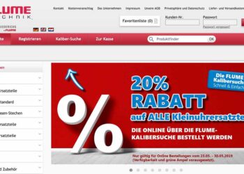 Technikgroßhändler Flume gibt 20 % Rabatt auf Kleinuhrersatzteile bis 30. Mai 2019.