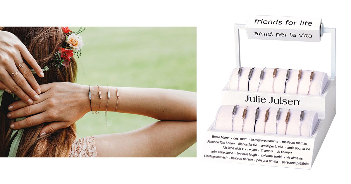 Internationale Verständigung: Die netten Sprüche auf den Julie Julsen Cube-Armbändern sind jeweils in Deutsch, Englisch, Italienisch und Französisch eingraviert.