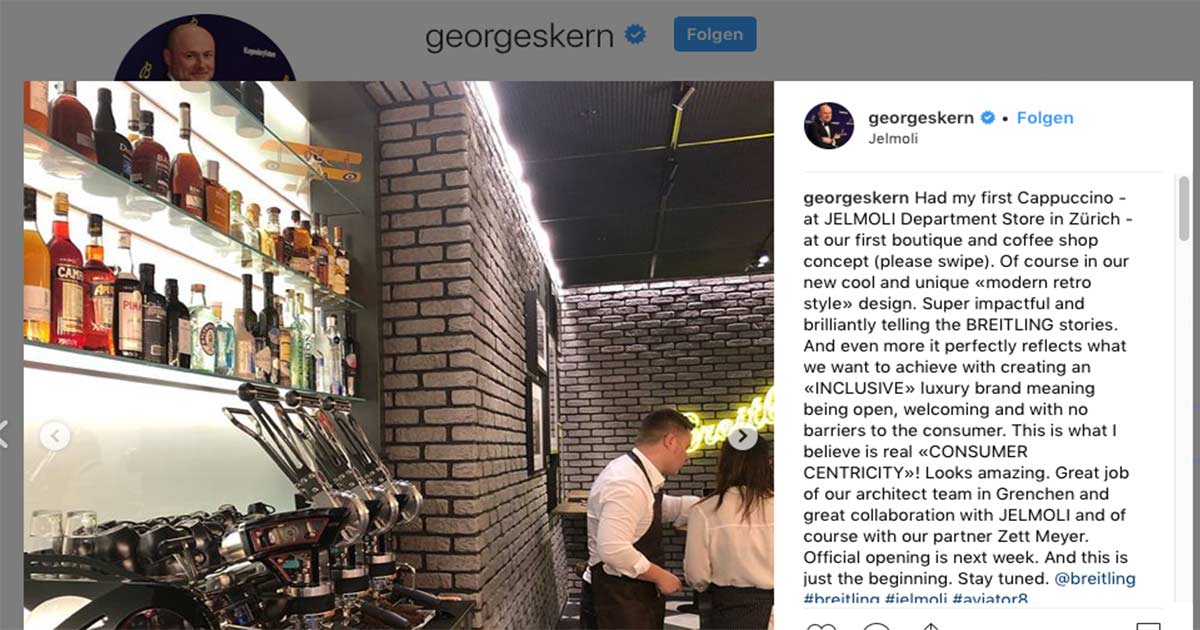 Cafe und Uhr: Breitling weiht demnächst in Zürich ein neues Storekonzept ein. Dies berichtet CEO Georges Kern auf Instagram.