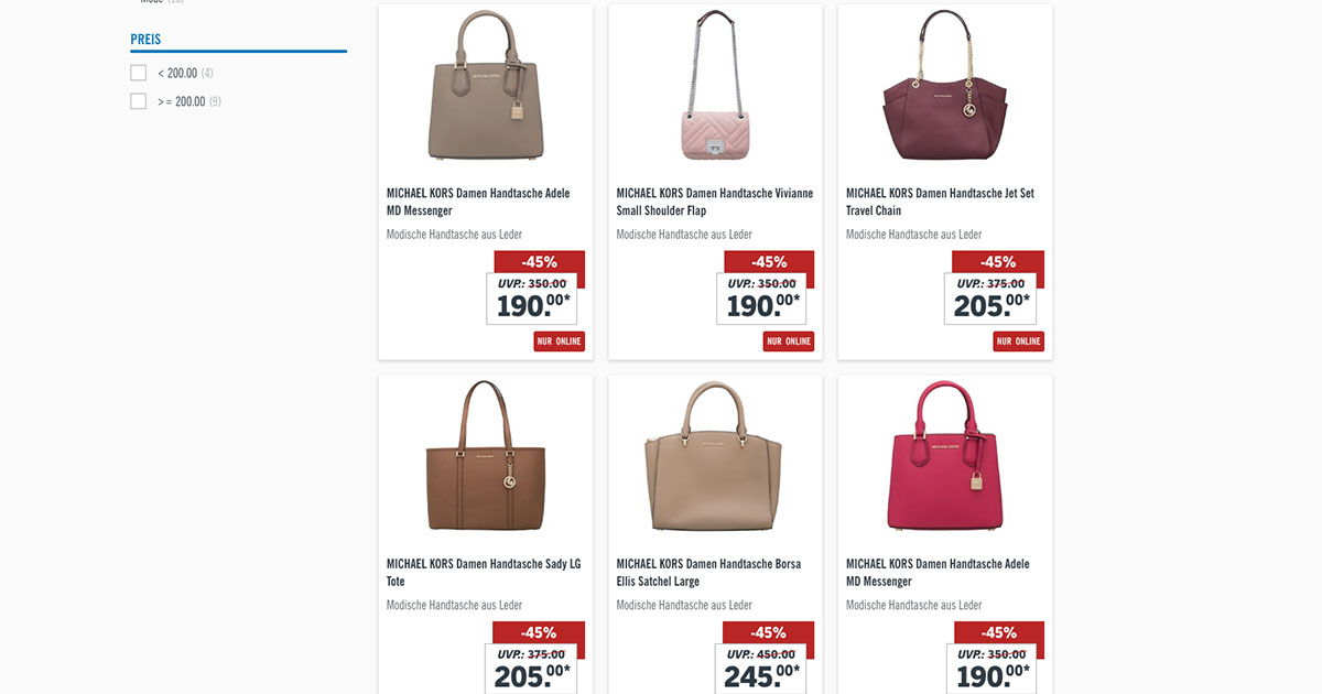 Derzeit gibt es 13 unterschiedliche Taschen von Michael Kors im Online-Shop von Lidl.