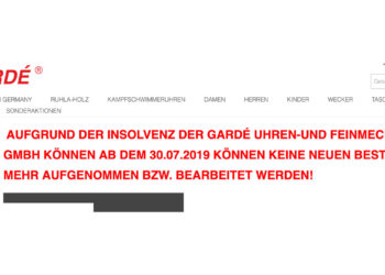 Unter www.garde-uhren-ruhla.de wird die Insolvenz verkündet.