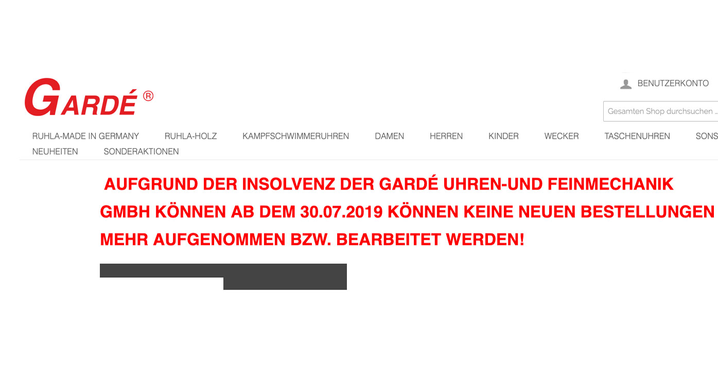 Unter www.garde-uhren-ruhla.de wird die Insolvenz verkündet.