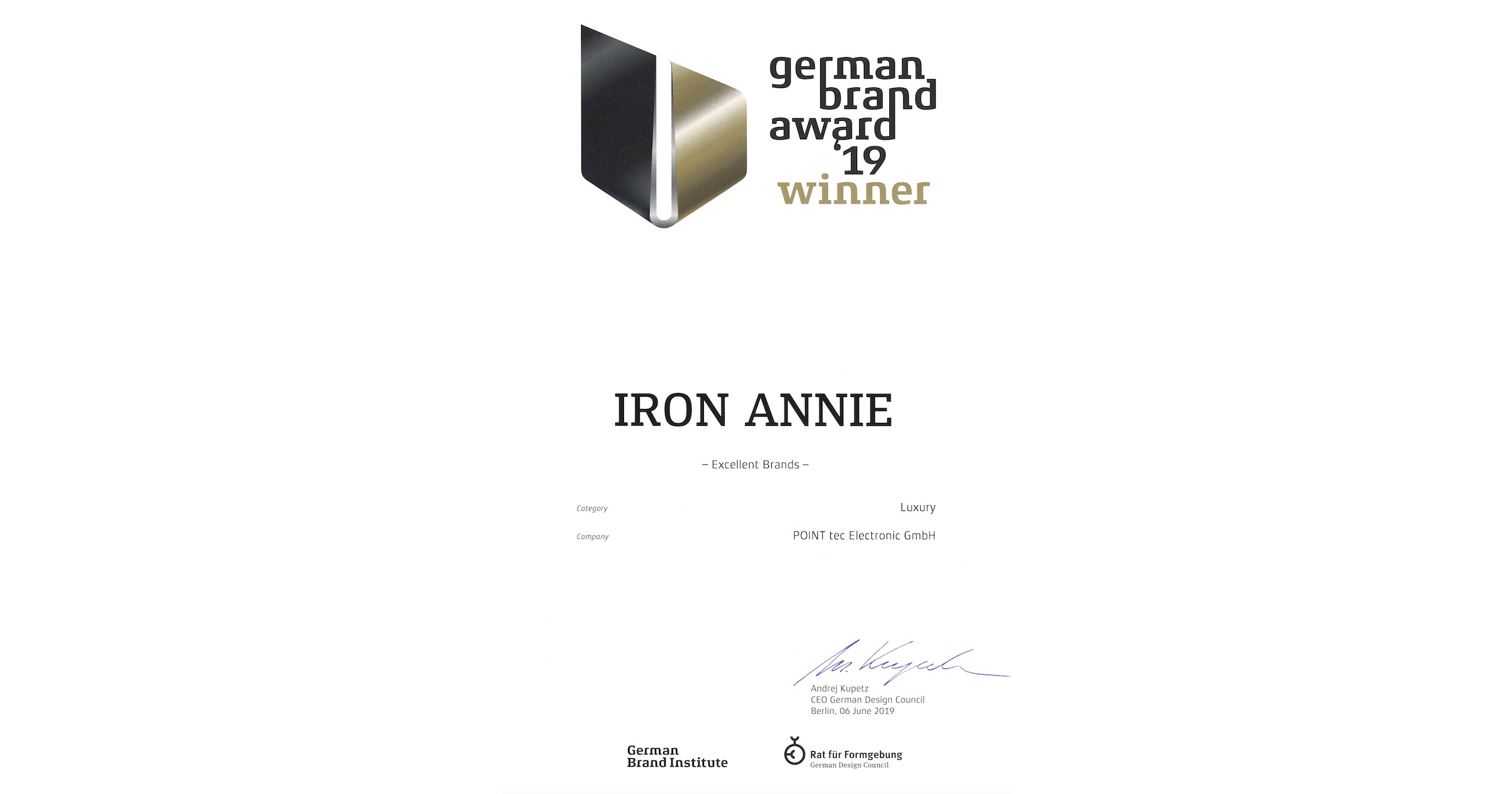 POINTtec wurde für das besondere IRON ANNIE-Modell mit dem German Brand Award ausgezeichnet.