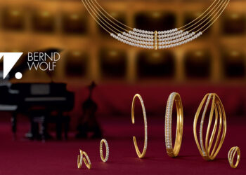 Collier SENTRO, Creole SENTRI, Ring WELLAS, Armreifen LINEA und ALANA, Armreif SENTRO, Ring SENTRO mit 24-Karat-Goldplattierung von BERND WOLF.