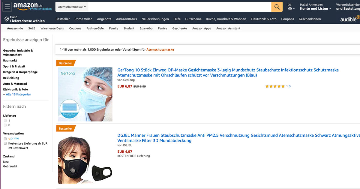 Amazon achtet darauf, dass beispielsweise Atemschutzmasken nicht zu Mondpreisen verkauft werden.