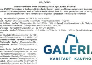 Galeria Karstadt Kaufhof öffnet, nicht an allen Standorten und wenn, dann nur auf 800 Quadratmetern.