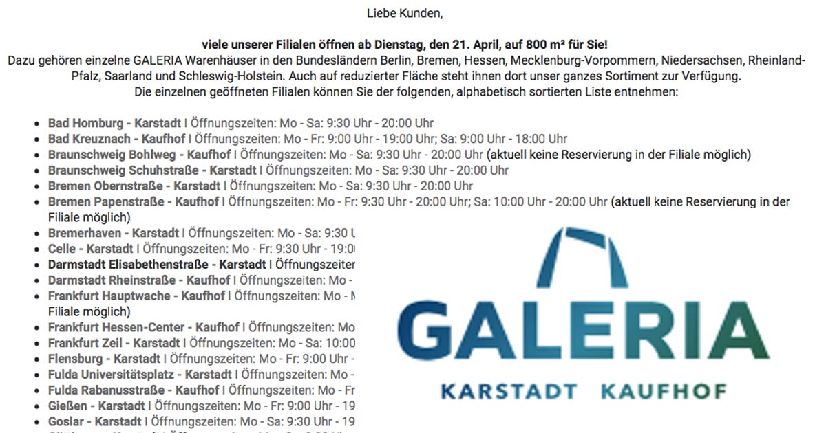 Galeria Karstadt Kaufhof öffnet, nicht an allen Standorten und wenn, dann nur auf 800 Quadratmetern.