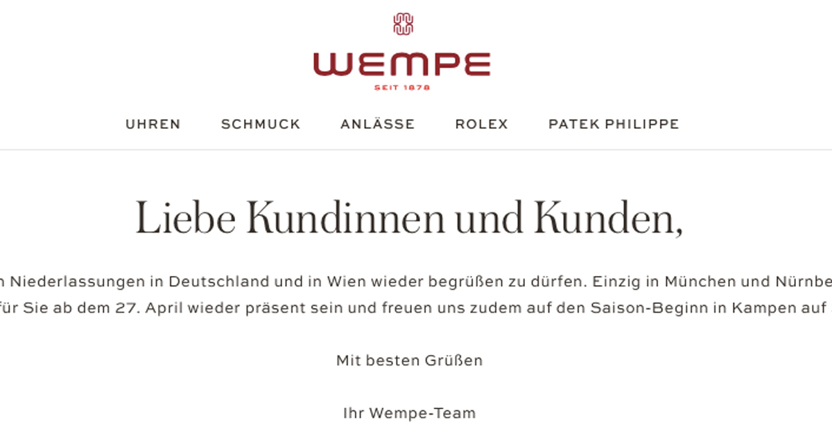 Auch die größte Wempe-Niederlassung in München wird am Montag öffnen dürfen.