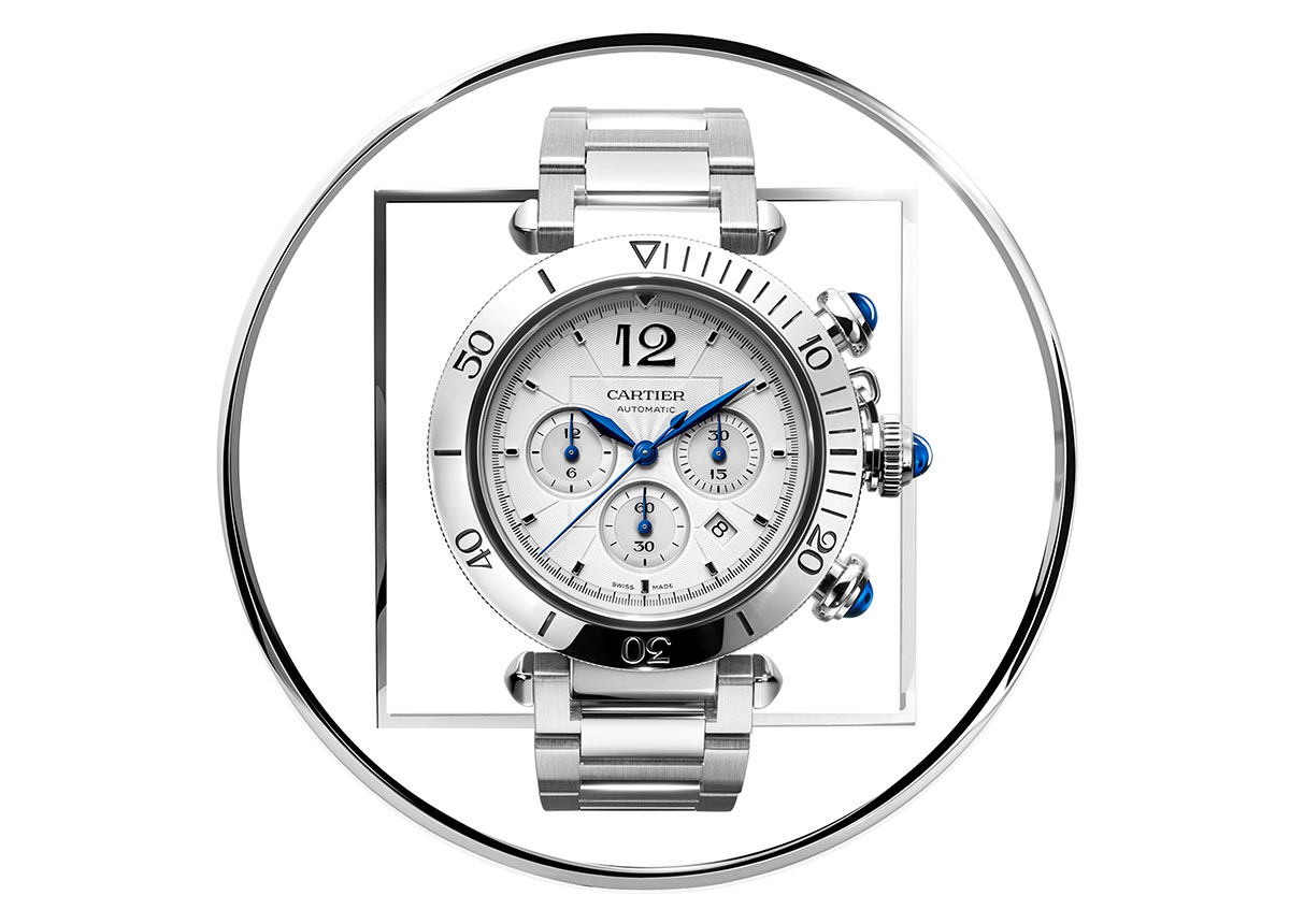 Cartier_Pasha_de_Cartier_Chrono-Steel_Web Der neue Pasha de Cartier Chronograph hat einen Durchmesser von 41 mm.