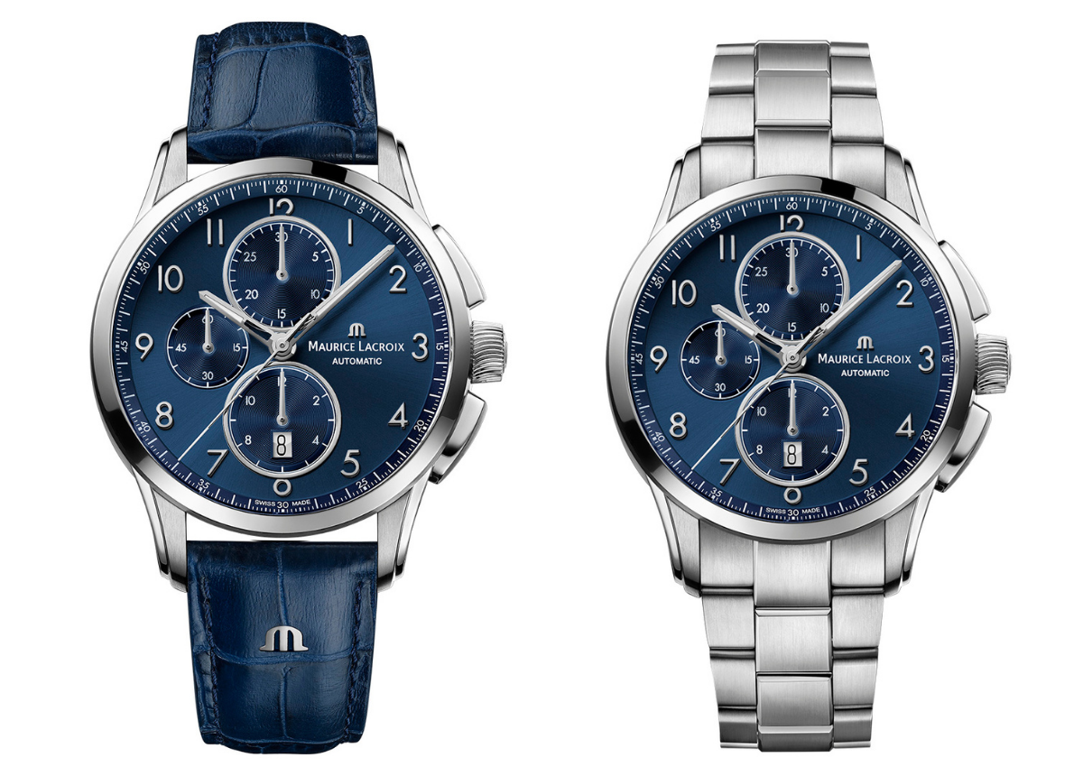 Maurice_Lacroix_Pontes Der Minuten- und Stundenzähler des Chronographen sowie der Zeiger der kleinen Sekunde sind in Blau gehalten und mit einer polierten Leiste versehen.