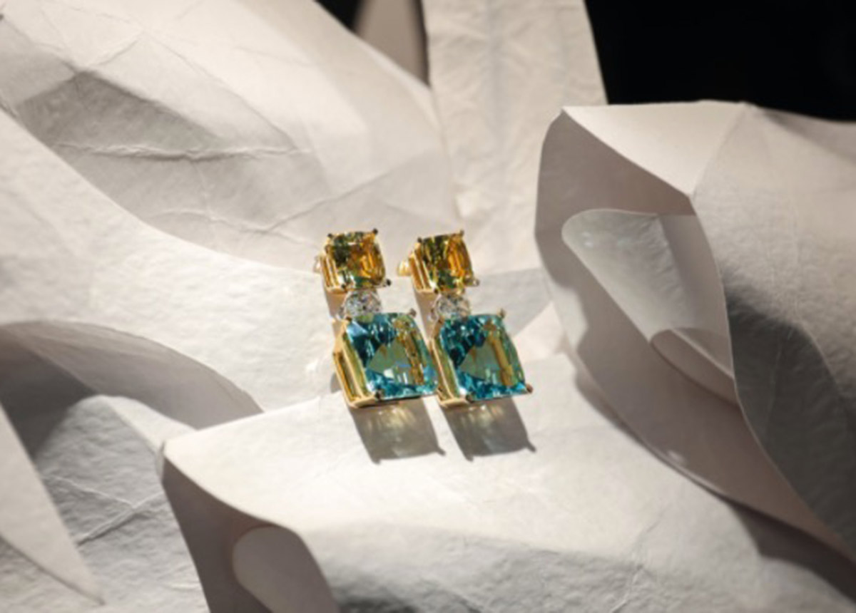 tiffany Ohrringe aus 18 Karat Gelbgold und Platin mit Aquamarinen, gelben Beryllen und Diamanten.