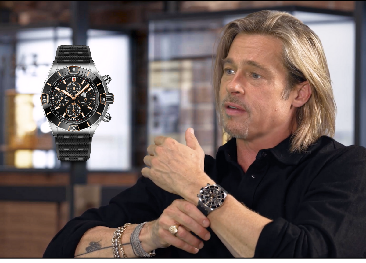Brad Pitt und die neue Super Chronomat Vier-Jahres-Kalender mit Kunststoffband.