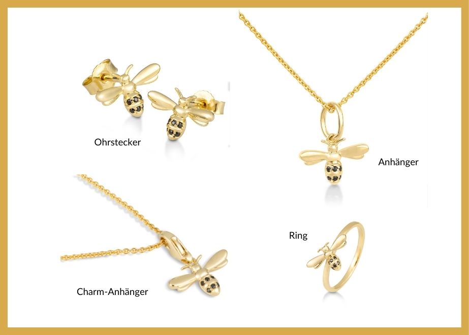 Bienenschmuck-Kollektion Set 1: Erhältlich in 375/- Gelbgold mit schwarzen Brillanten 585/- Gelbgold mit schwarzen Brillanten 925/- Silber mit Zirkonia schwarz