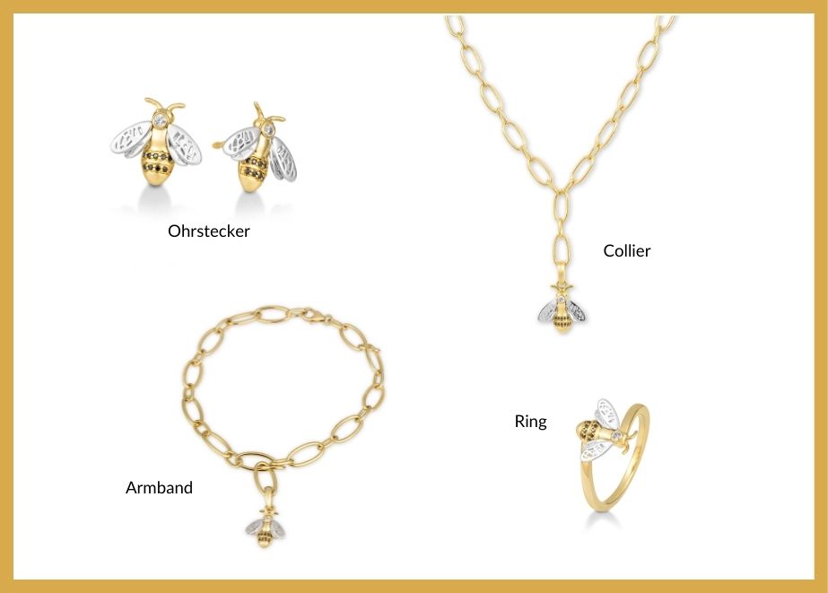 Bienenschmuck-Kollektion Set 2: Erhältlich in 375/- Gelbgold mit schwarzen Brillanten und weißem Safir 585/- Gelbgold mit schwarzen Brillanten und weißem Safir 925/- Silber mit Zirkonia schwarz