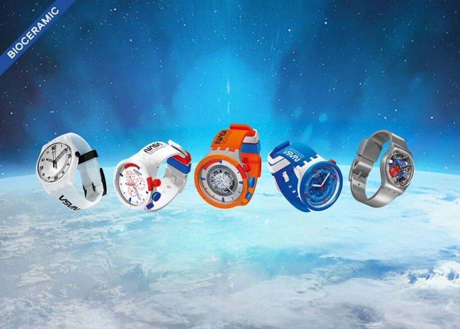 Swatch und die NASA im All: Drei der fünf neuen Modelle haben Komponenten aus biobasiertem Material und sind von Astronauten-Anzügen angeregt.