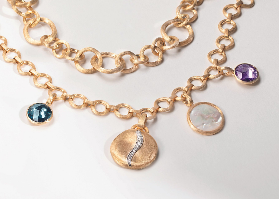 Premium_Juweliere_Marken_Marco_Bicego_Charms_Anhaenger_Farbsteine_18_Kt_Gold_handgravierte_Oberflaeche