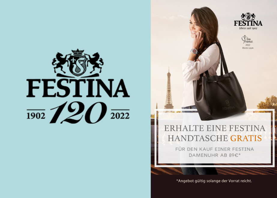 Wer bei Festina eine Damenuhr ab 89 Euro kauft, bekommt eine Handtasche dazu.