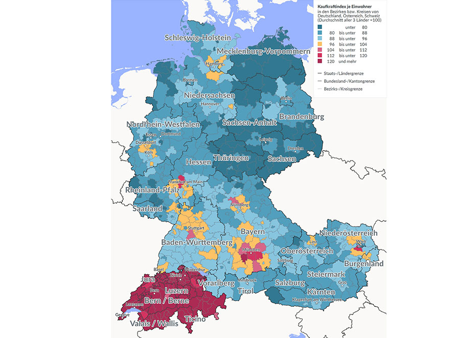 In Deutschland kommt neben einem Nord-Süd- auch ein Ost-West-Gefälle bei der Kaufkraft hinzu.