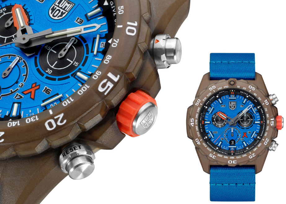 Detailaufnahme der "Bear Grylls Survival Master 3740 Eco": Verschraubte Krone mit Doppeldichtung und Kronenschutz im Bear-Grylls-Orange. © Luminox