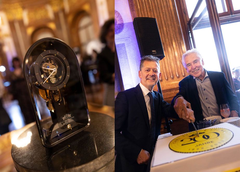 Links: Tischuhr "Table Waltz". Rechts: CEO Robert Punkendorfer und Eihentümer Peter Brabek-Letmathe. © Fehringer