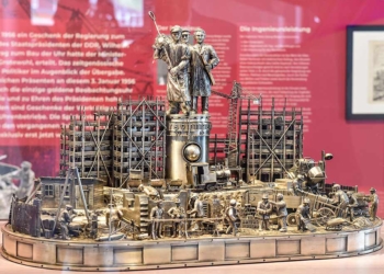 Lässt zu jeder vollen Stunde die „Internationale“ erklingen: Eine besondere Kunstuhr ist nun im Deutschen Uhrenmuseum Glashütte zu sehen. Fotos: Holm Helis