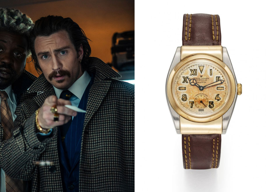 Schauspieler Aaron Taylor Johnson in "Bullet Train" mit Beispiel-Modell einer Rolex Oyster Bubbleback (eventuell nicht das Modell aus dem Film). © Sony Pictures/ Collector Square