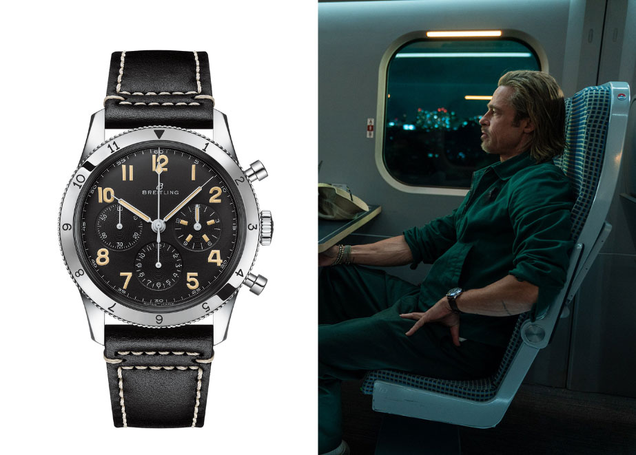 Brad Pitt trägt als Markenbotschafter von Breitling natürlich ein entsprechendes Modell. Hier die Breitling AVI ref. 765 1953 Re-Edition. © Sony Pictures/Breitling