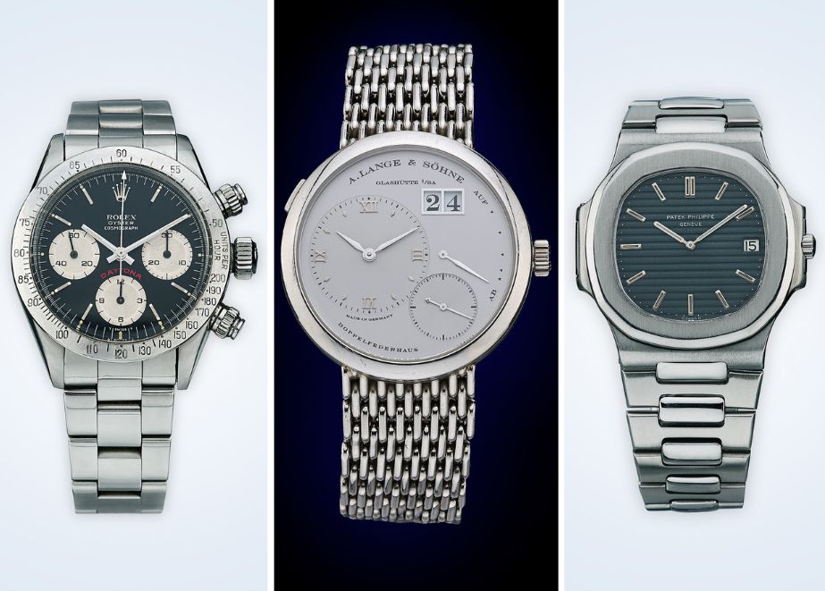 Rolex Oyster Daytona Chronograph (um 1986), Lange & Söhne Glashütte (um 1998), Patek Philippe Nautilus (ca. 1980). ©Dorotheum