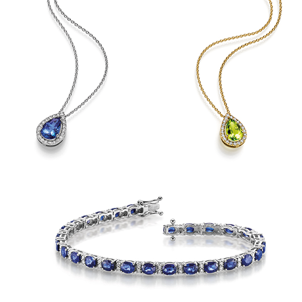 Eugen Rühle: Colliers und Armband in Gold 585 mit Tansanit, Peridot, Saphiren und Diamanten © Eugen Rühle