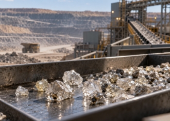 Rohdiamanten auf einem Förderband vor einer Diamantmine mit Aufbereitungsanlage und Muldenkipper im Hintergrund