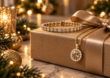 Tennisarmband und Anhänger mit champagnerfarbenen Diamanten in Gelbgold auf einem goldfarben verpackten Weihnachtsgeschenk