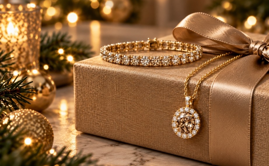 Tennisarmband und Anhänger mit champagnerfarbenen Diamanten in Gelbgold auf einem goldfarben verpackten Weihnachtsgeschenk