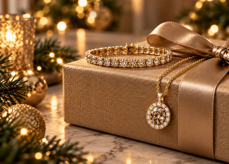Tennisarmband und Anhänger mit champagnerfarbenen Diamanten in Gelbgold auf einem goldfarben verpackten Weihnachtsgeschenk