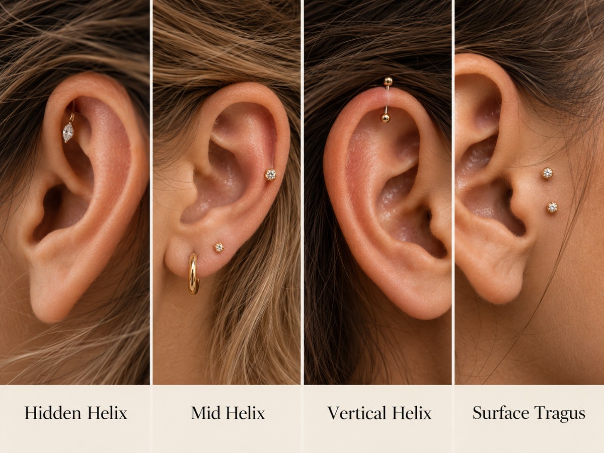 Vier Ohrpiercings aus Gold mit Kristallen als Hidden Helix, Mid Helix, Vertical Helix und Surface Tragus getragen.