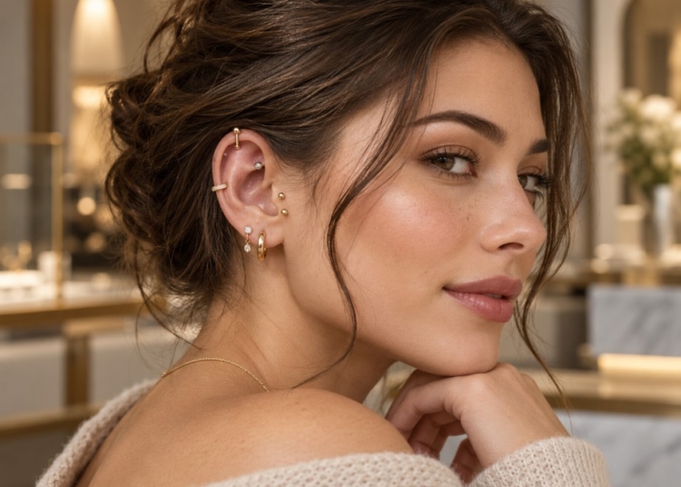 Goldenes Ohrring-Styling mit Creolen, diamantbesetztem Ear Cuff und Piercings am Ohr einer Frau.