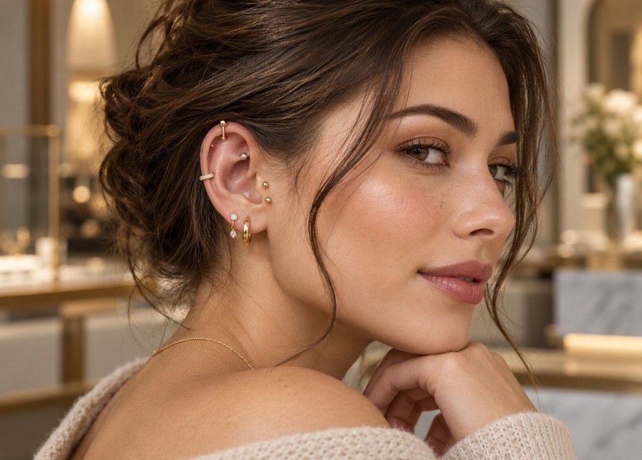 Goldenes Ohrring-Styling mit Creolen, diamantbesetztem Ear Cuff und Piercings am Ohr einer Frau.