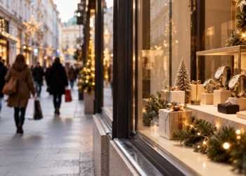 Weihnachtlich geschmückte Einkaufsstraße mit Passanten und Einkaufstaschen, rechts ein Juweliergeschäft mit Uhren, Ring und Geschenken im Schaufenster